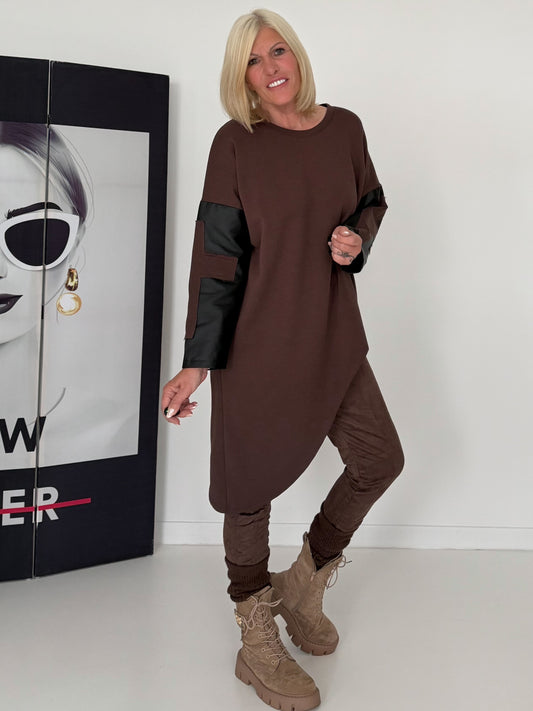 Asymmetric sweater with cross and leather-look details - mocha