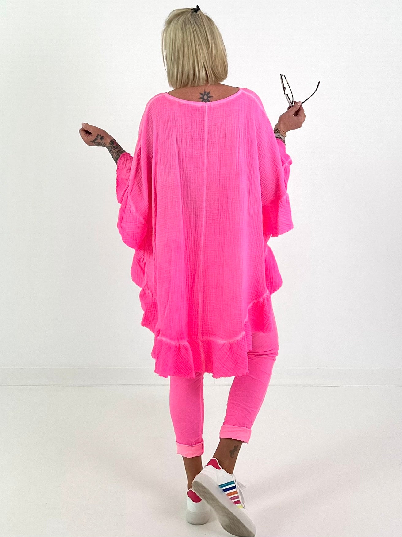 Muslin Tunic with Ruffles - neon pink