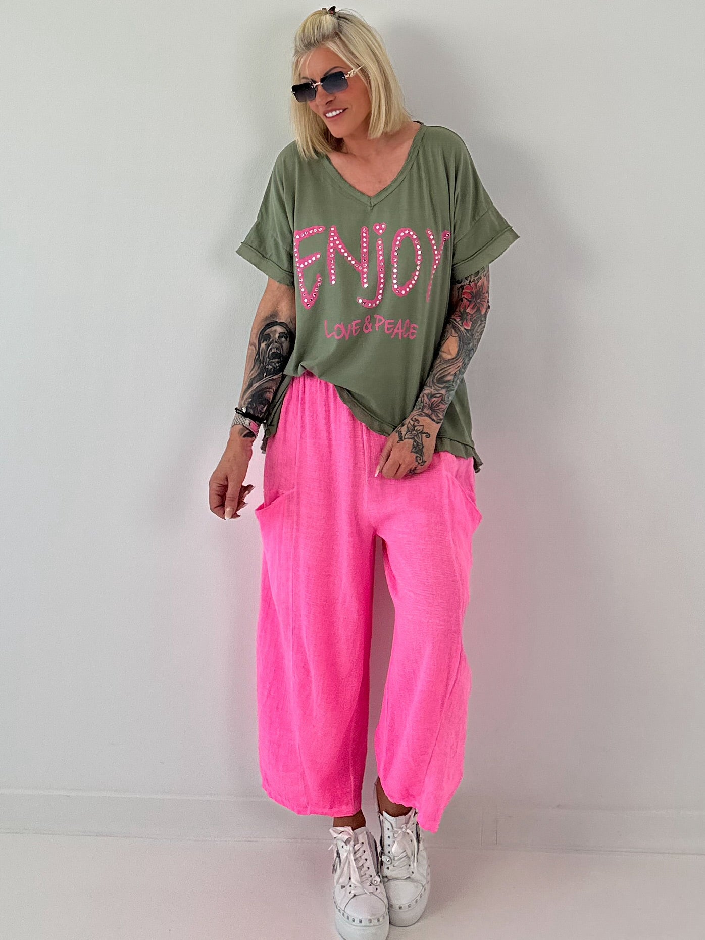 Balloon Linen Trousers with Fringe Details - taupe