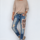 Jeans mit Sweat-Einsatz und Strassmotiv Gepard - denim-beige