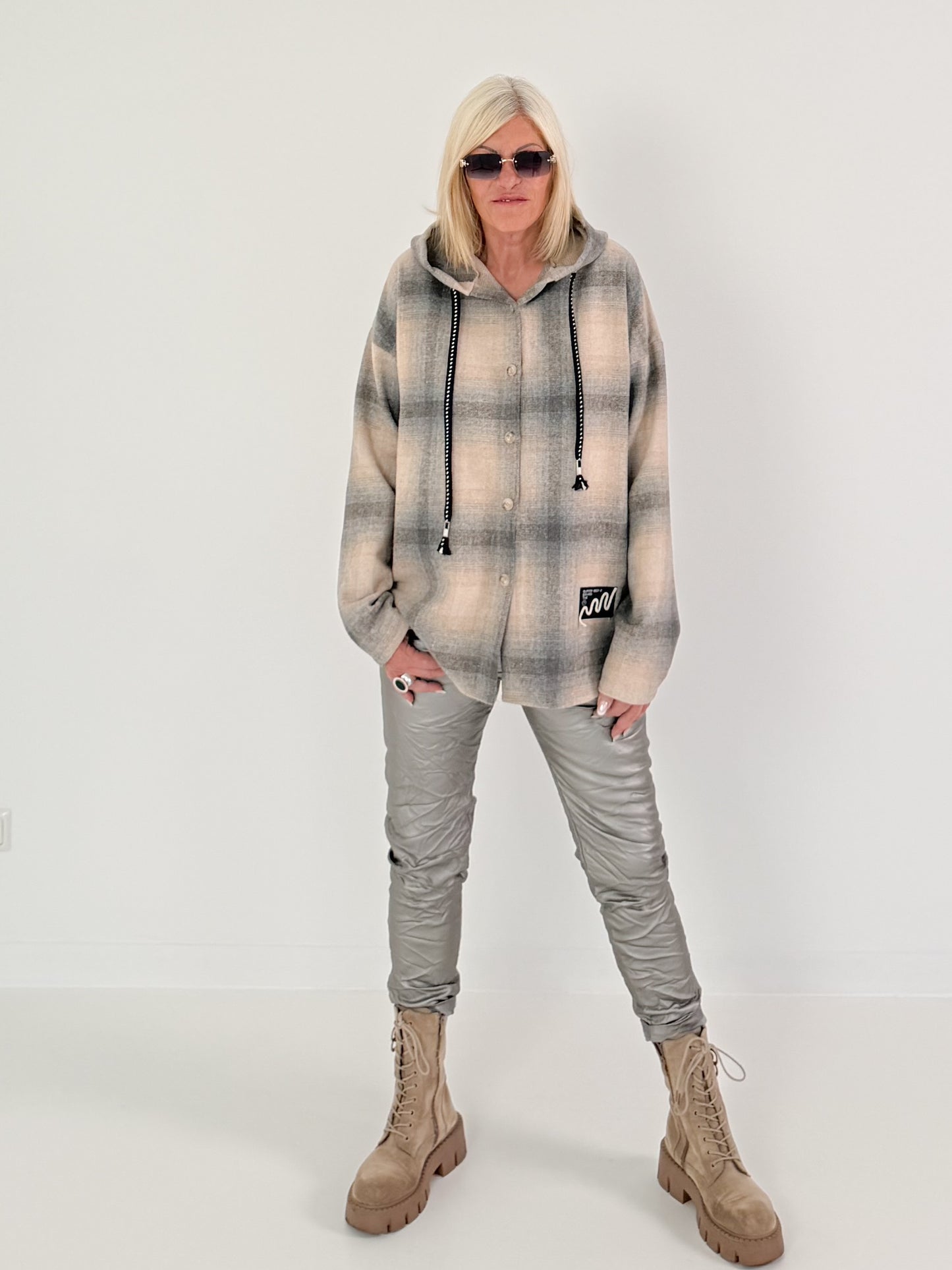 Checked shirt jacket with hood - beige-grey-multi-coloured