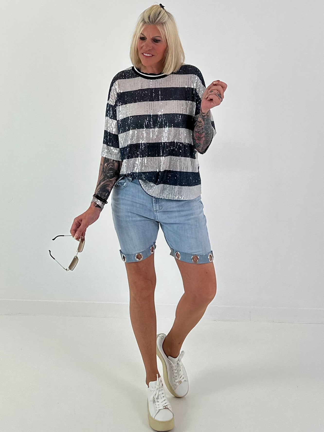 Pailletten Shirt mit Streifen - nachtblau-silber