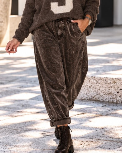 Soft balloon corduroy trousers with belt - stone-washed mocha