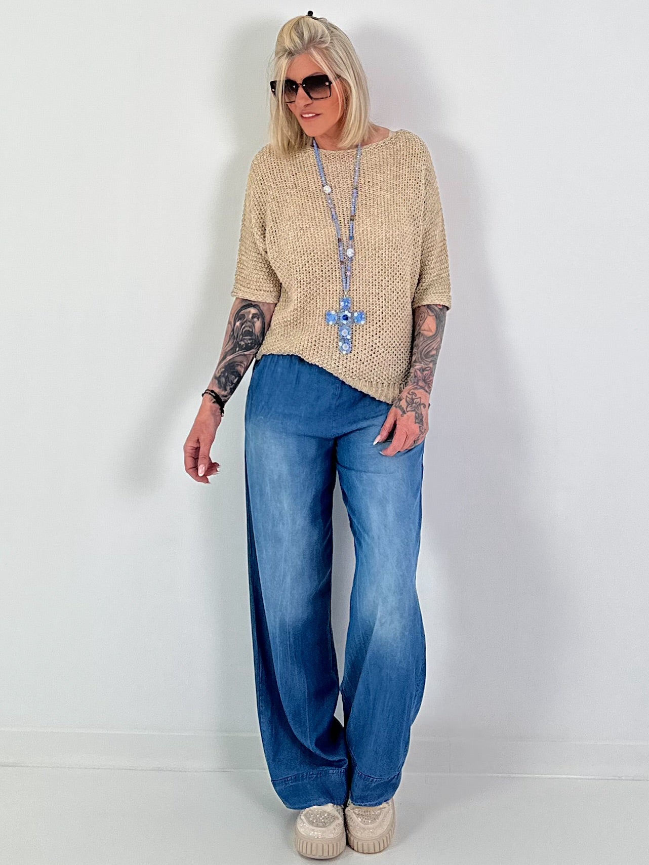 Häkelpulli mit eingearbeiteten Pailletten - beige