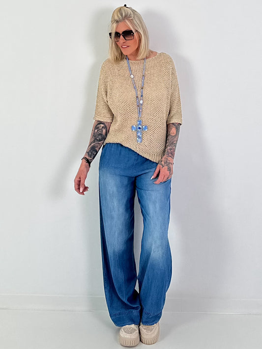 Crochet sweater with integrated sequins - beige
