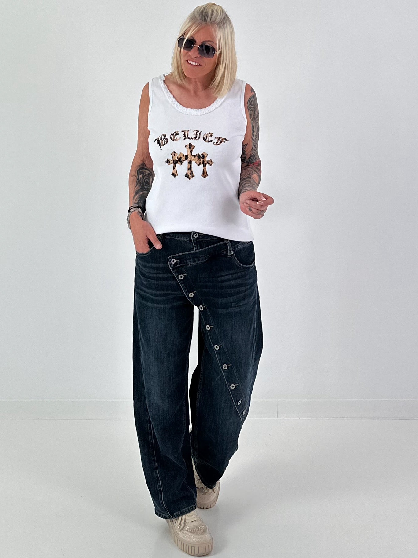 Ribbed Printed Tank Top - white