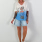 Fijngebreid T-shirt met print - wit-lichtblauw