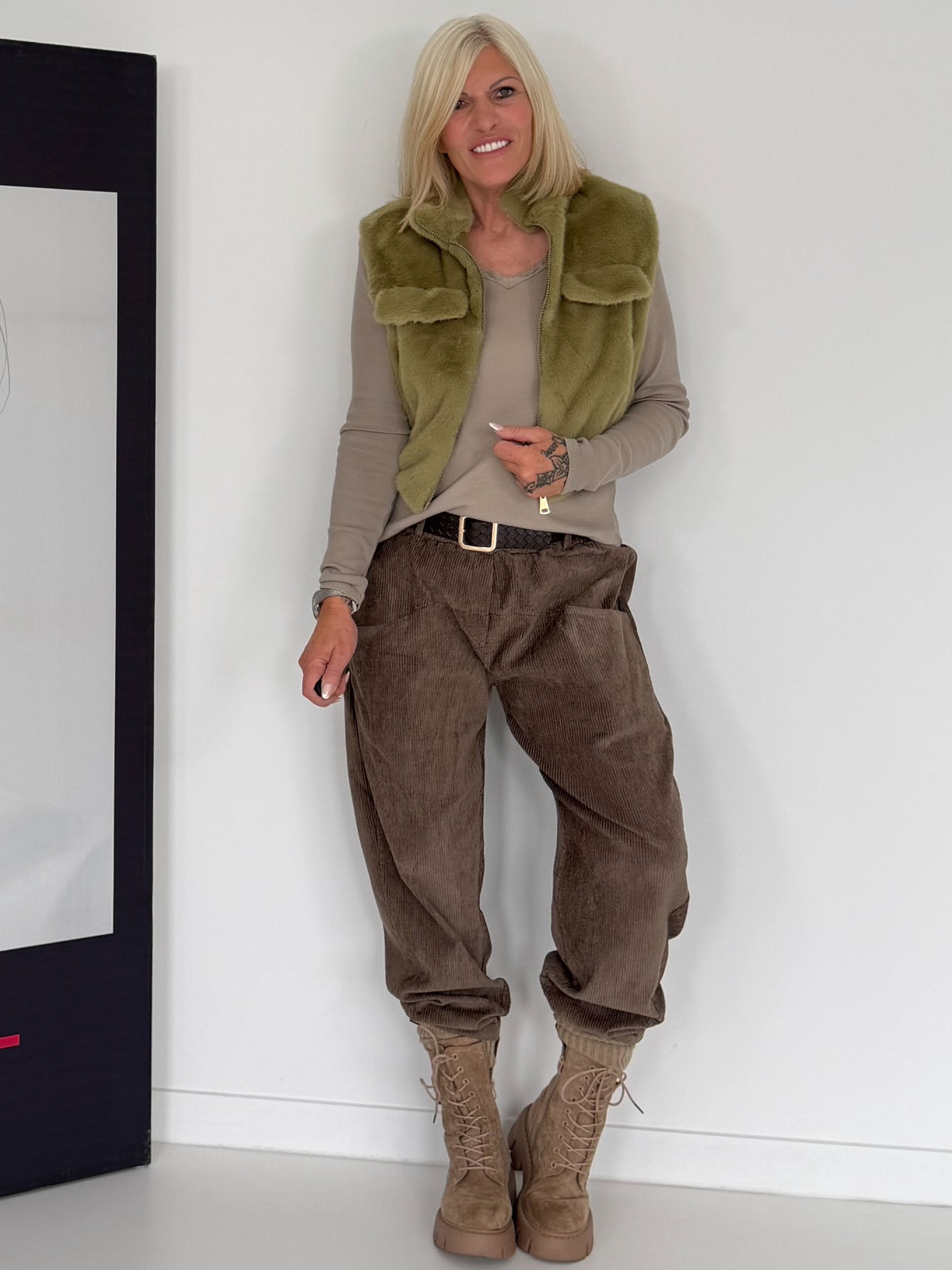 Gilet in behaaglijke bontlook - olijf
