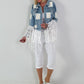 Boho Jeansjacke mit aufwendigen  Details - hellblau-weiss