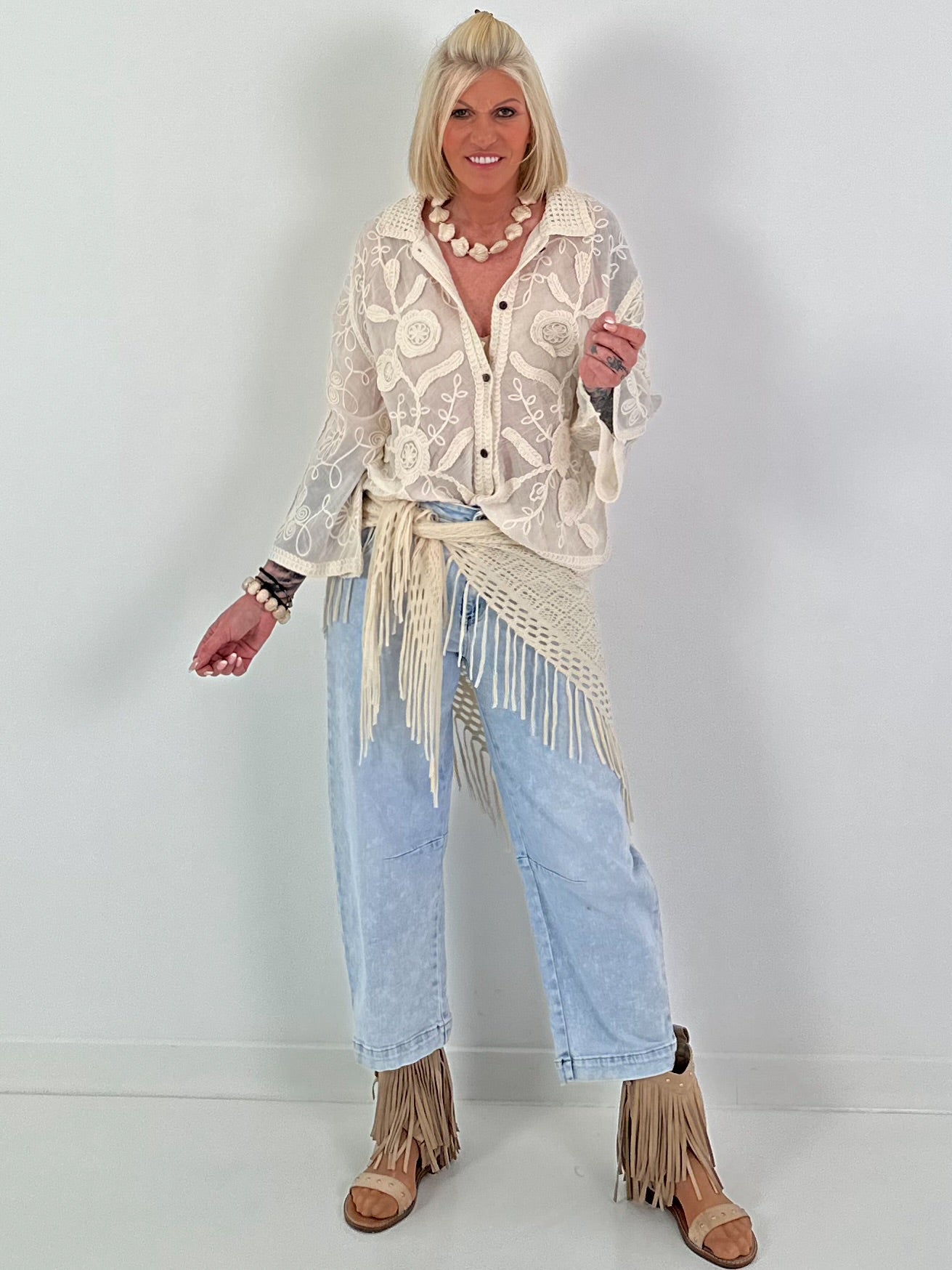 Boho Blouse with Crochet Collar - Beige