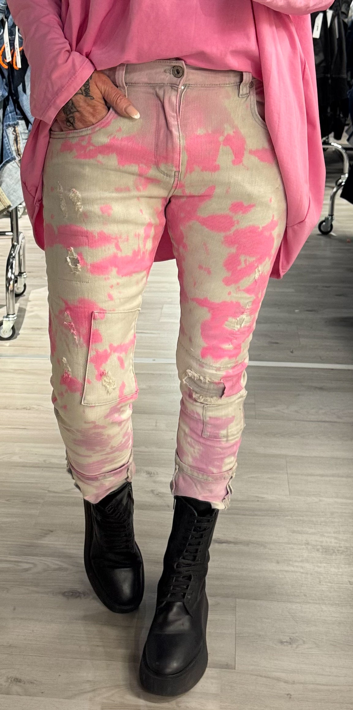 Jeans model "Pink Noise" - gray-neon pink