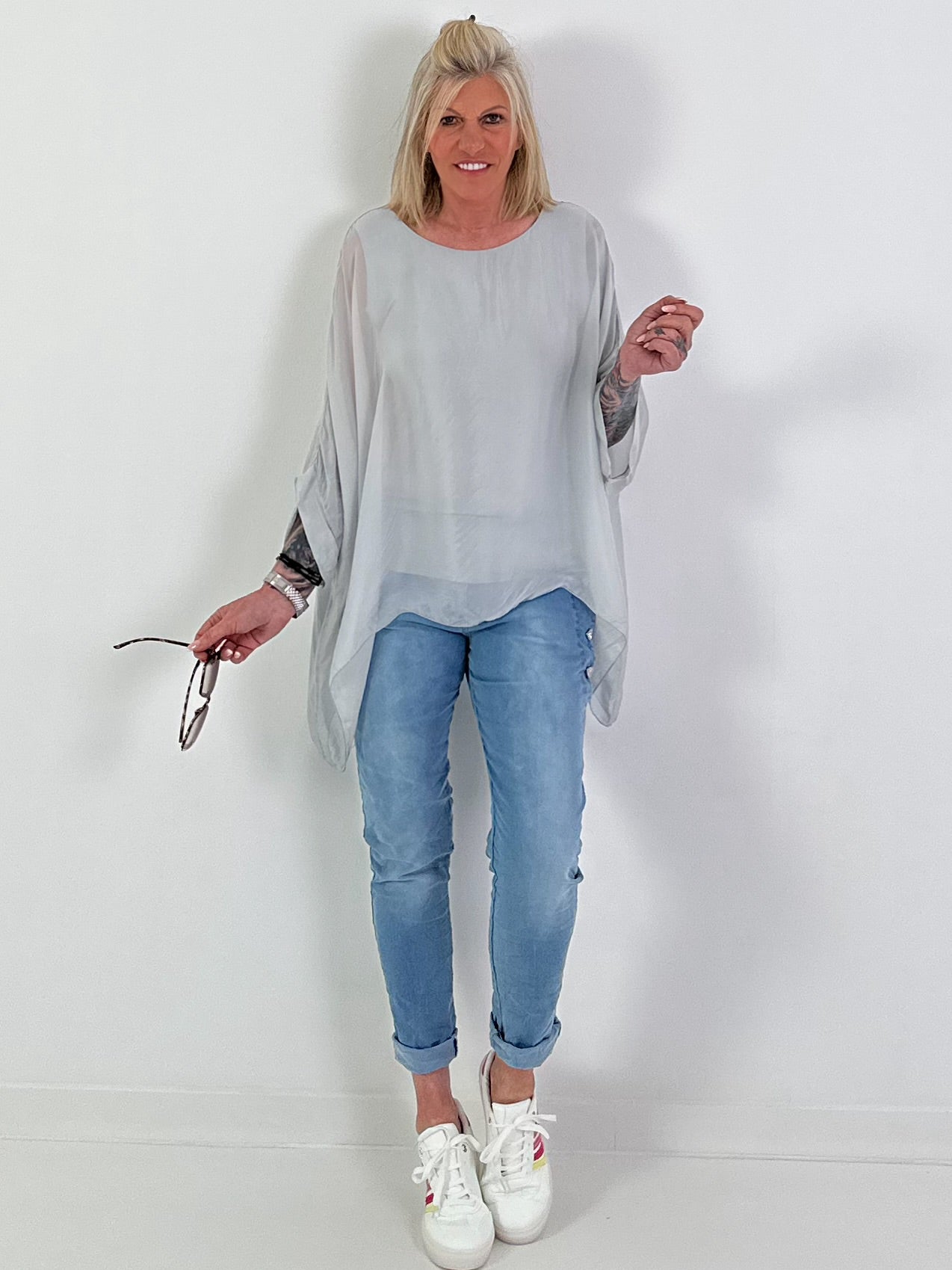 Silk tunic with integrated undershirt - grey