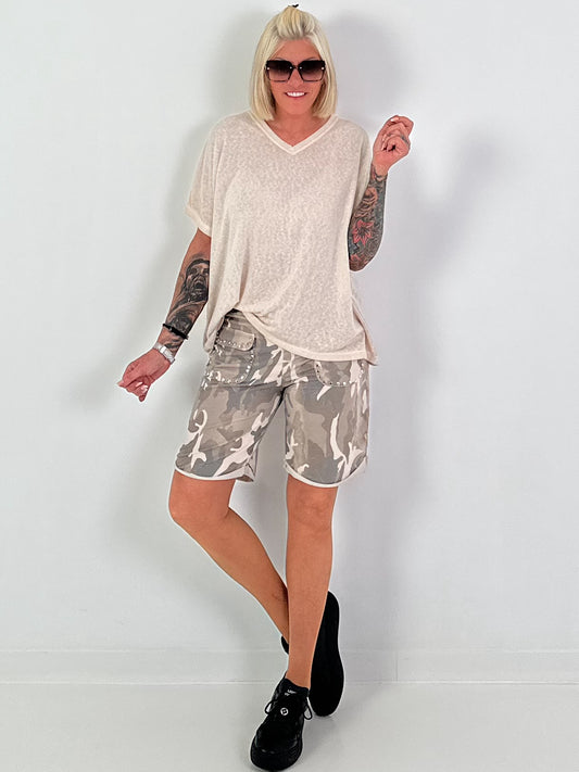 Fijngebreid T-shirt met V-hals - beige