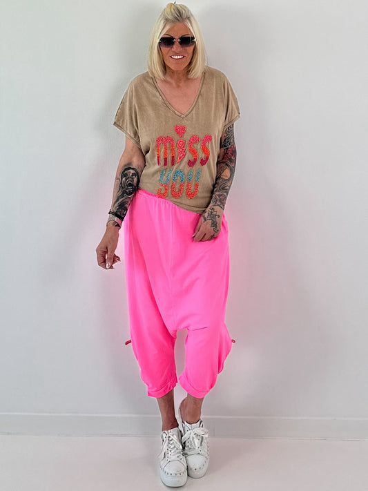 T-shirt met geborduurde pareltekst - camel