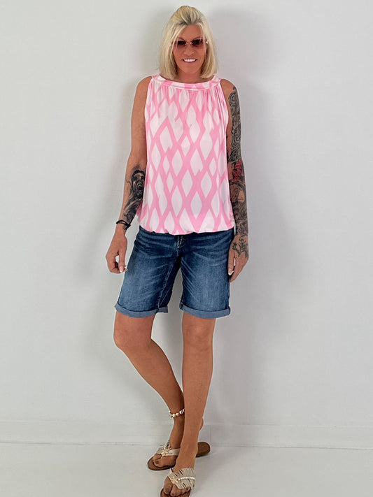 Halter-Neck Top with Allover Pattern - white-pink