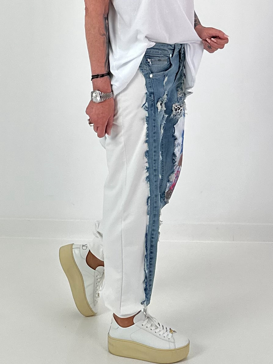 Sweat Jeans mit Print und Destroyed Details - weiss-denim