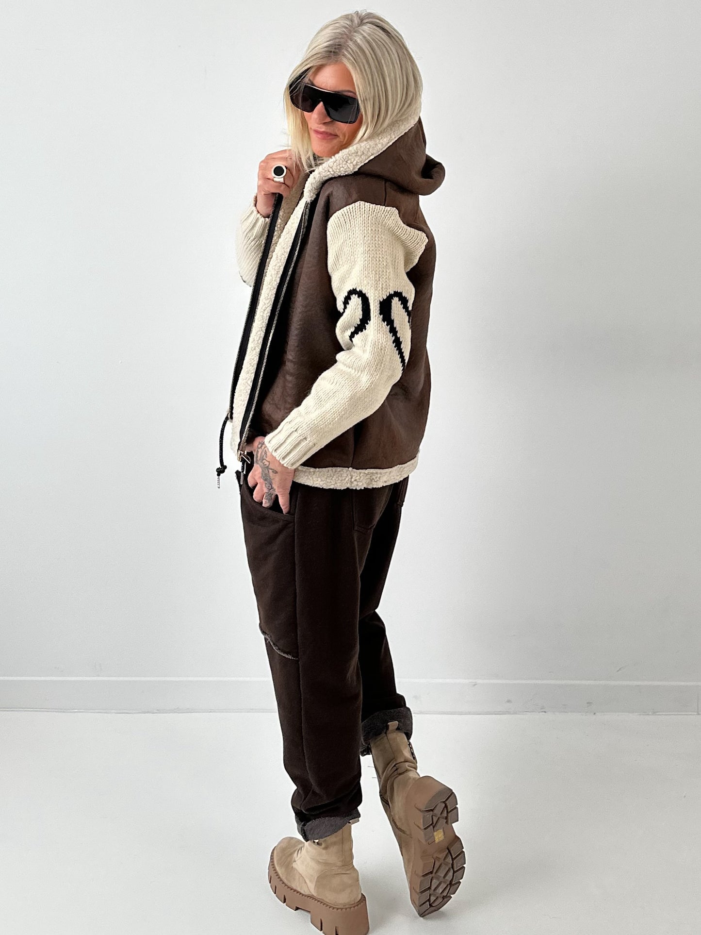Lamb nappa imitation jacket with knitted sleeves model "Jana" - mocha