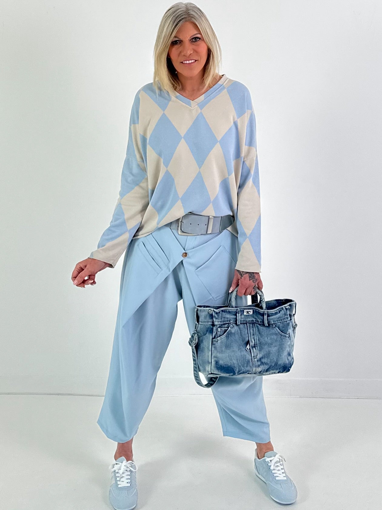 Sweater im Rautenmuster - beige-hellblau