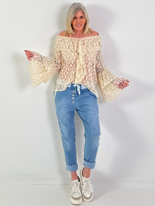 Lace tunic with ruffles - beige