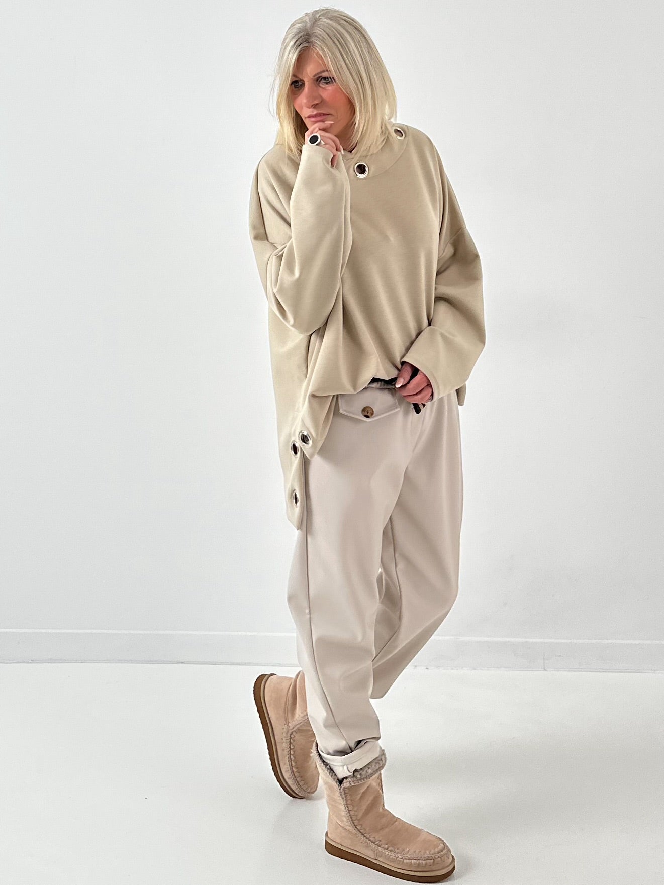 Leather-look trousers, model "Cream Flow" - beige