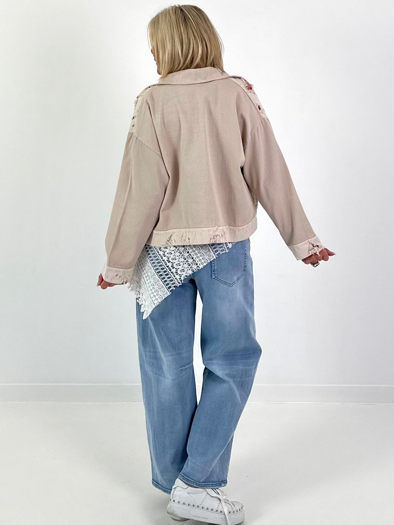 Distressed Denim Jacket - Beige