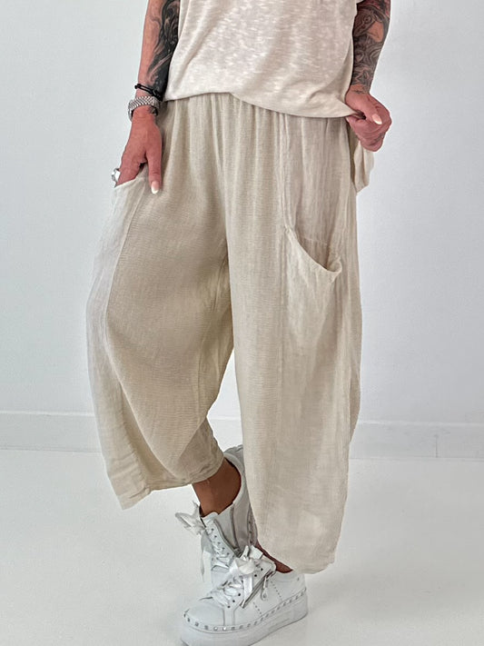 Balloon Linen Trousers with Fringe Details - taupe