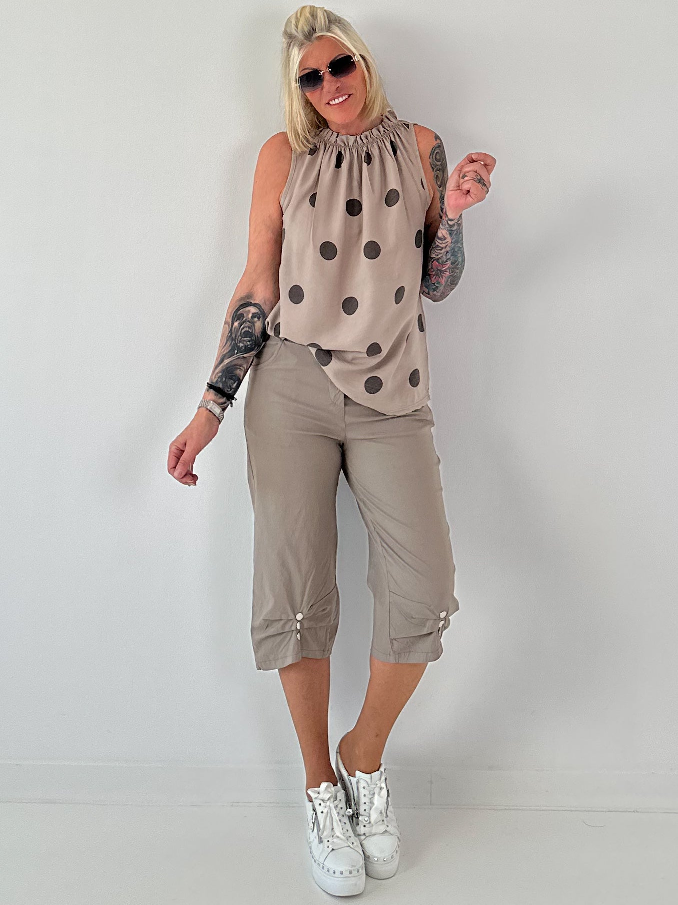 Striped top with ruffled collar - taupe-dark brown