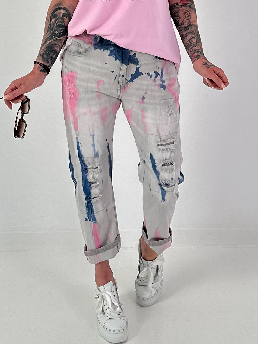 Jeans mit Batikmuster - grau-blau-rosa