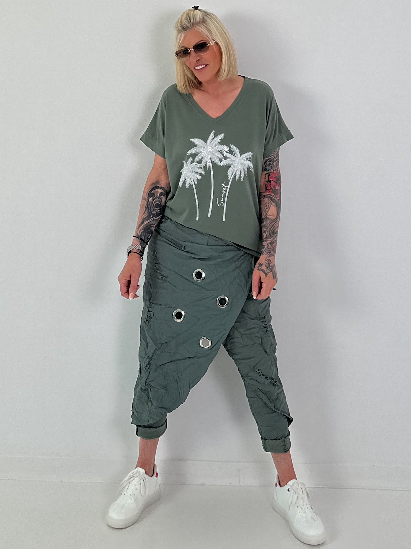 T-shirt with glitter palm trees - khaki