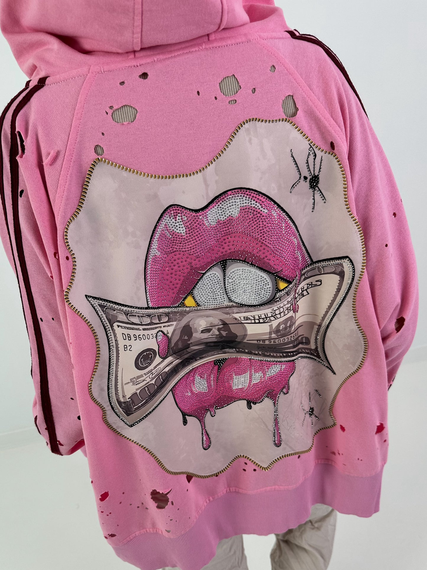 Stylische Sweatshirt Jacke mit großem Rückenpatch Dollar- rosa