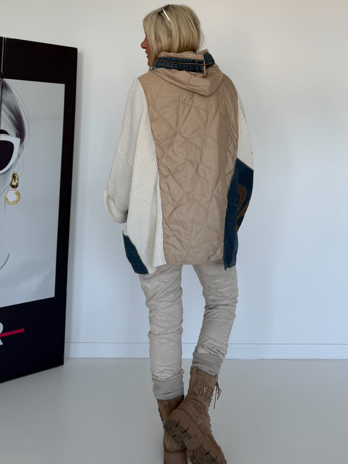 Asymmetrische Oversized Jacke im Materialmix - beige-ecru-denim