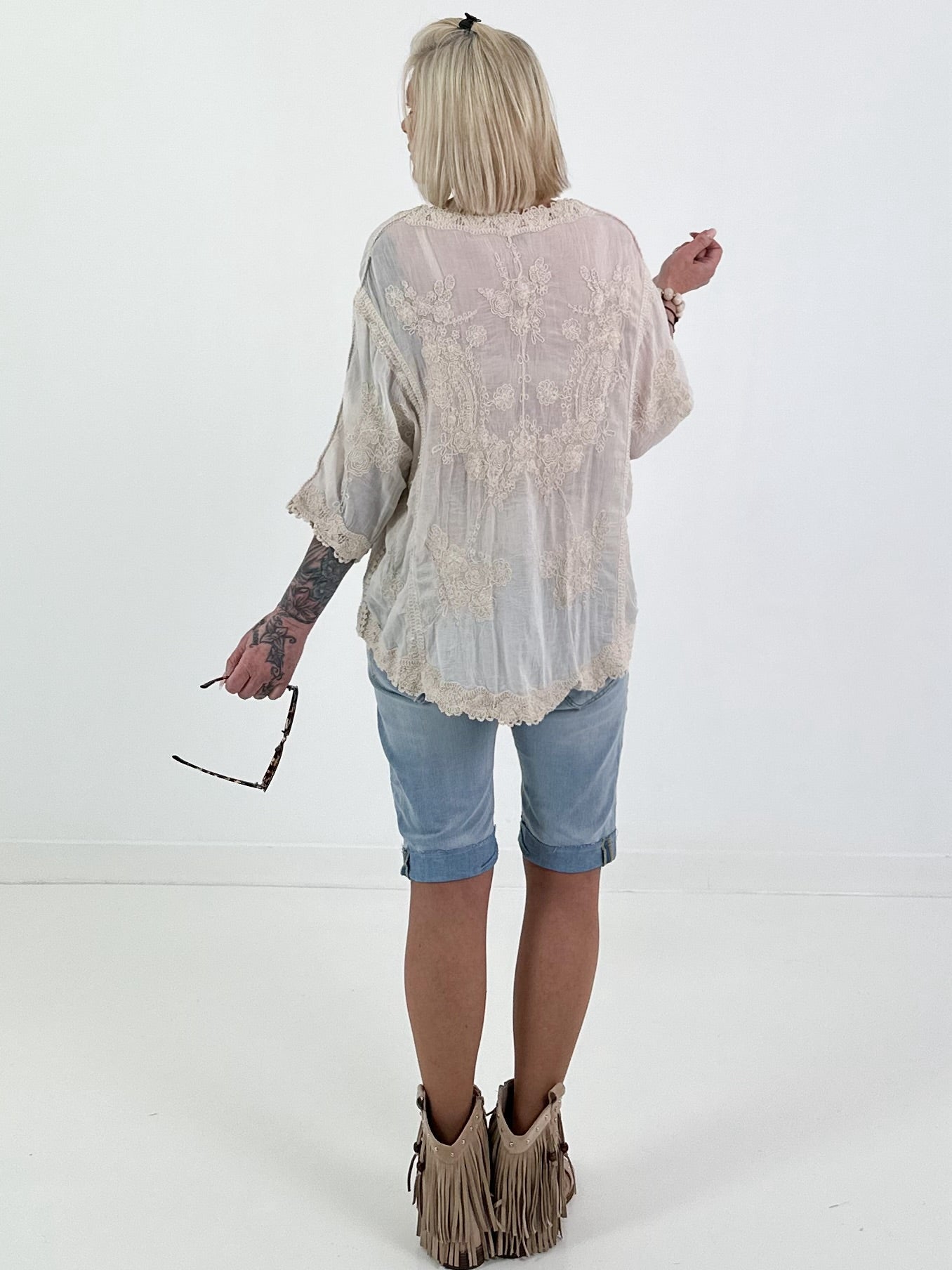 Boho Tunic with Crochet Appliqués - Beige