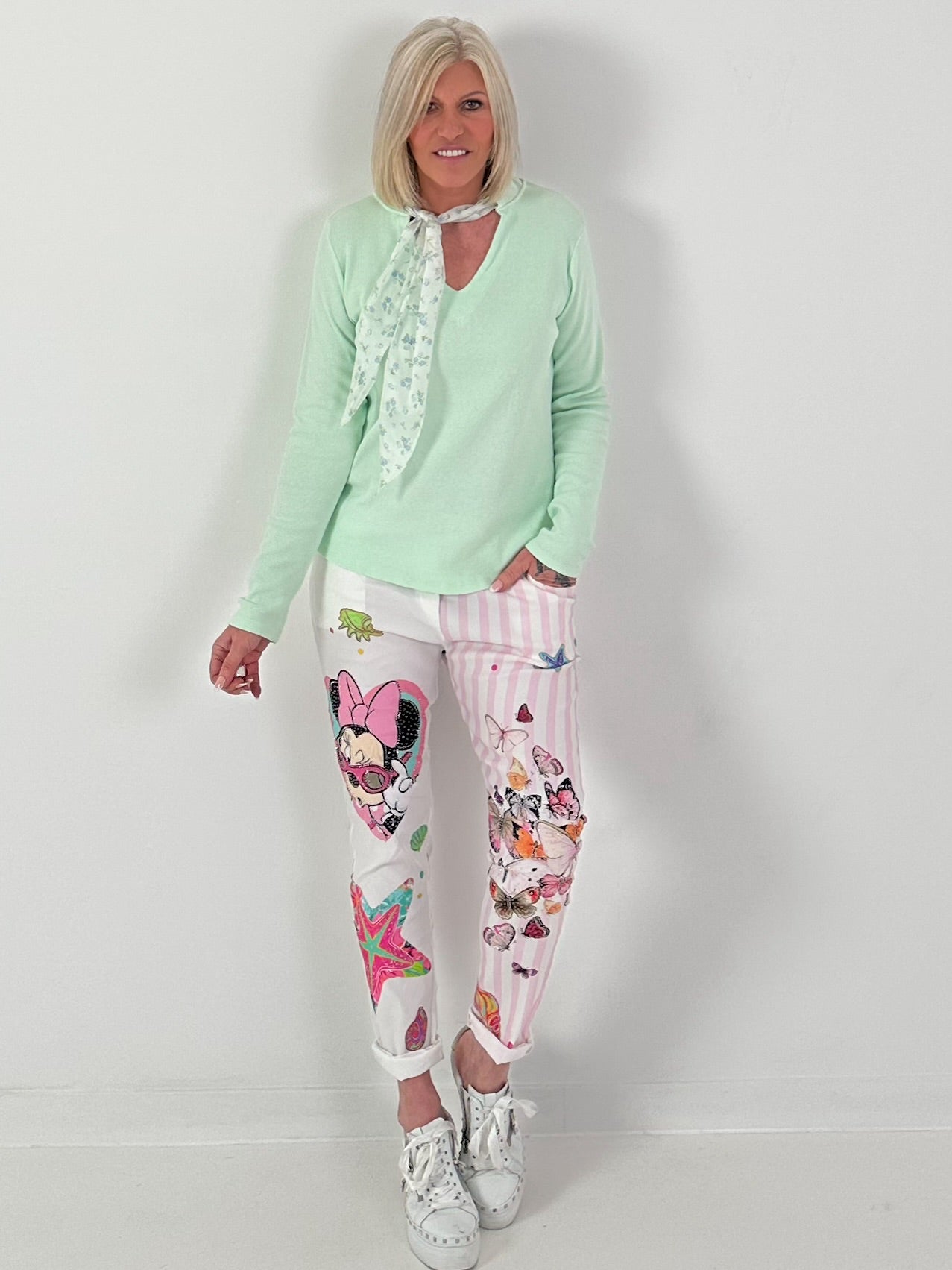 Ripp-Shirt mit floralen Bändern - mint