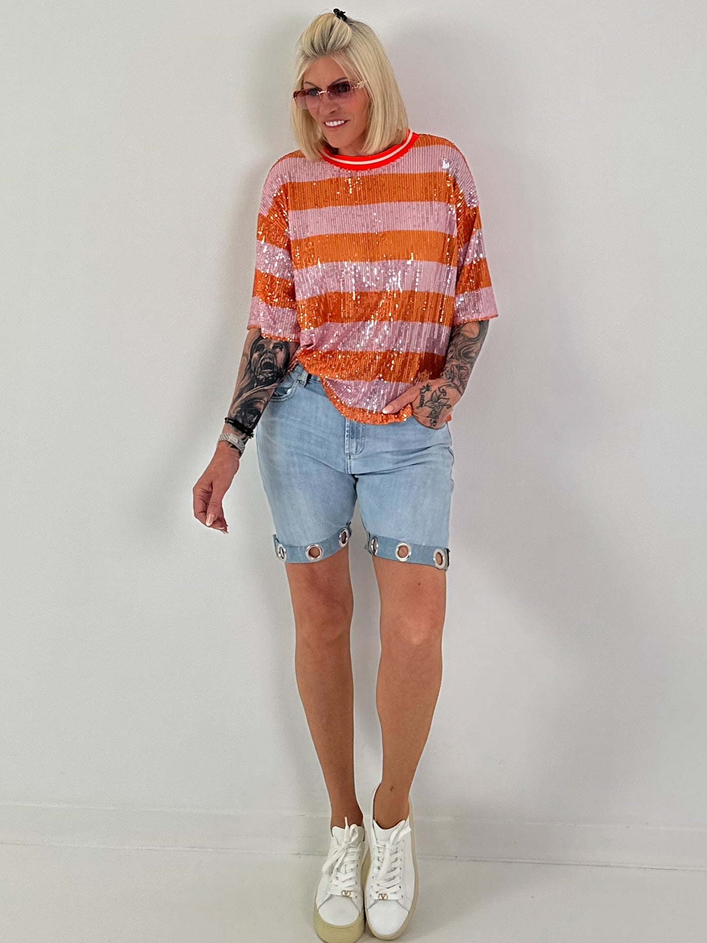 Pailletten Shirt mit Streifen - rosa-orange