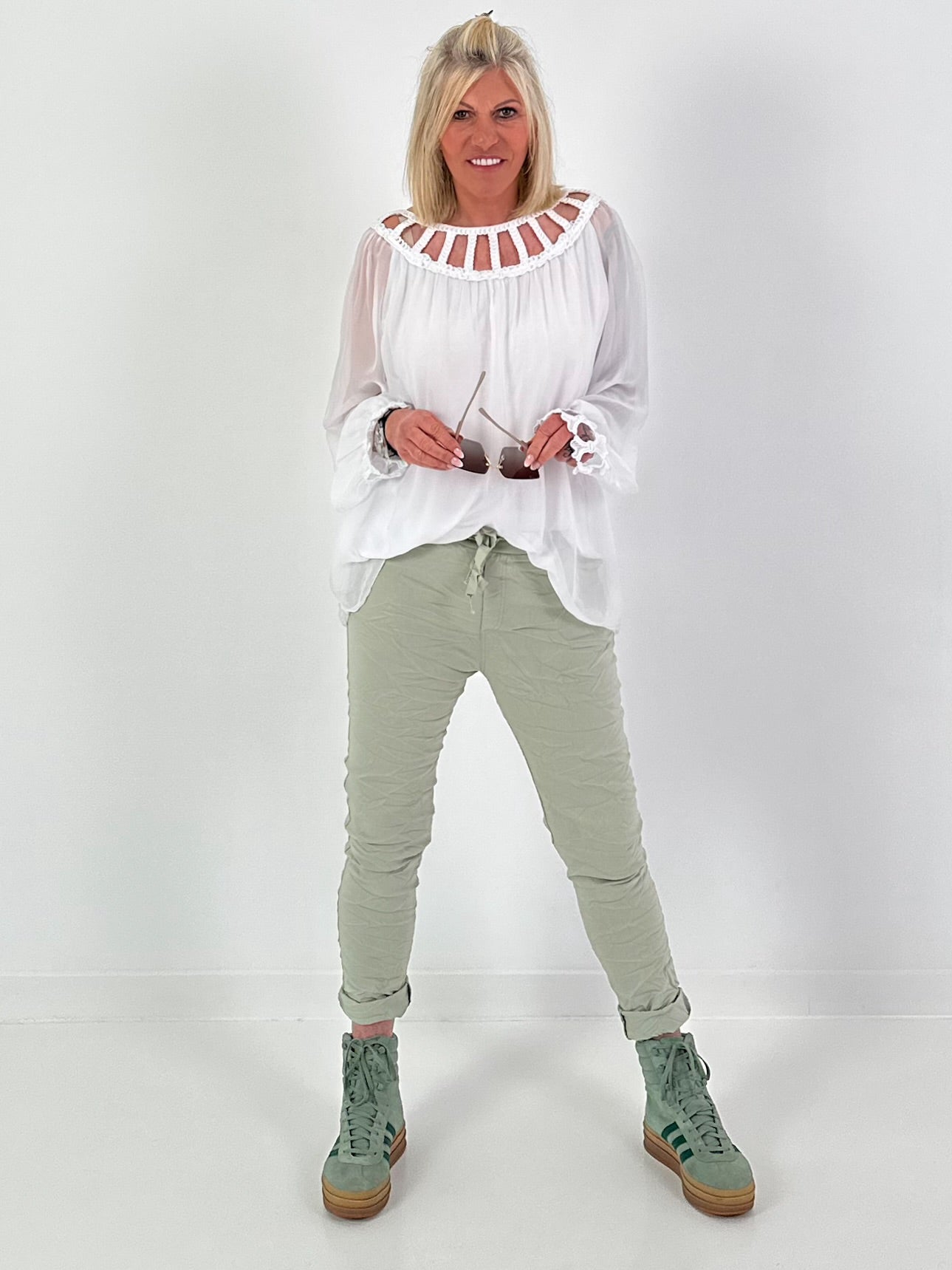 Silk Tunic with Crocheted Neckline - White