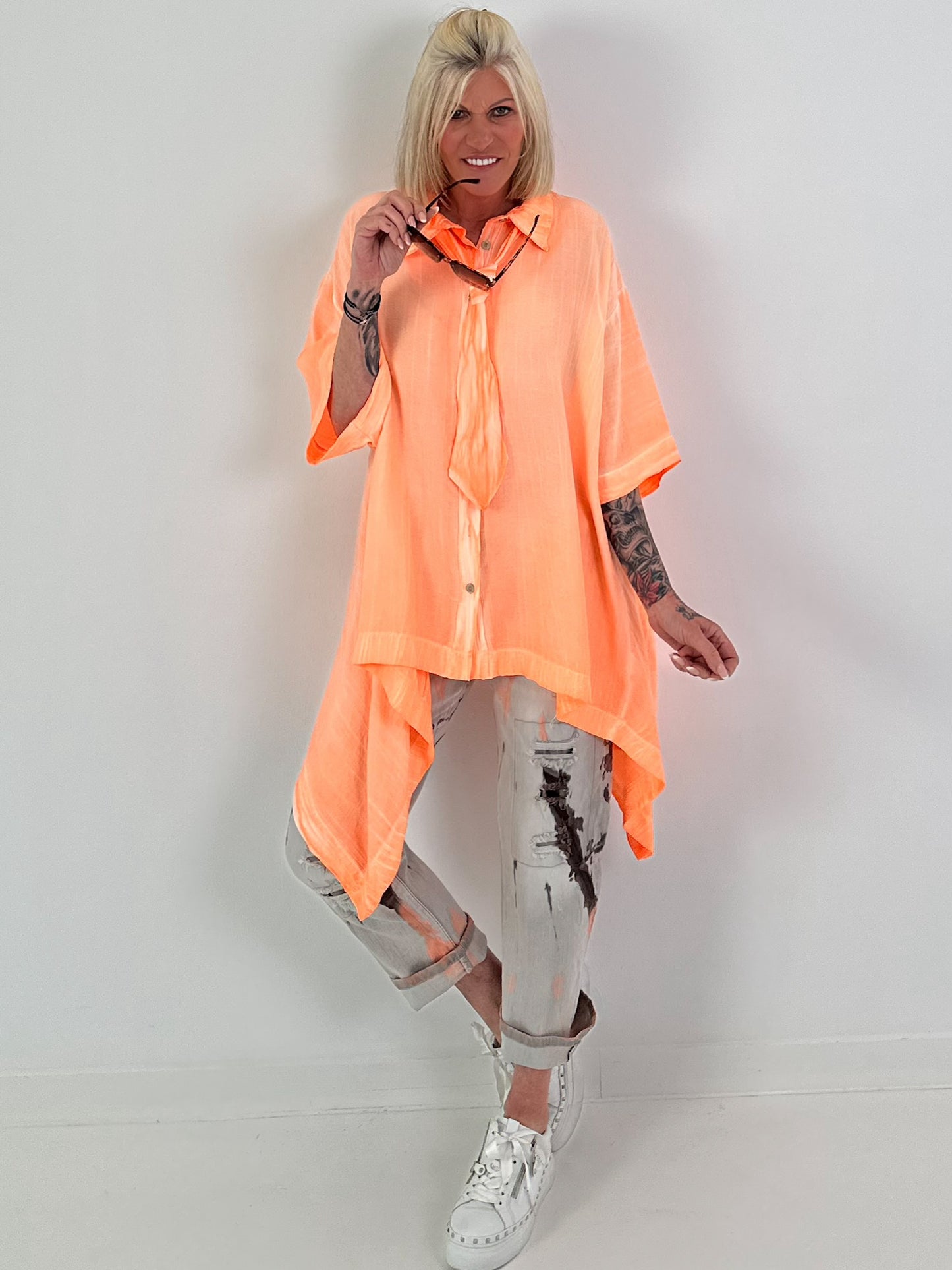 Oversized Bluse asymmetrisch mit Krawatte - neonorange