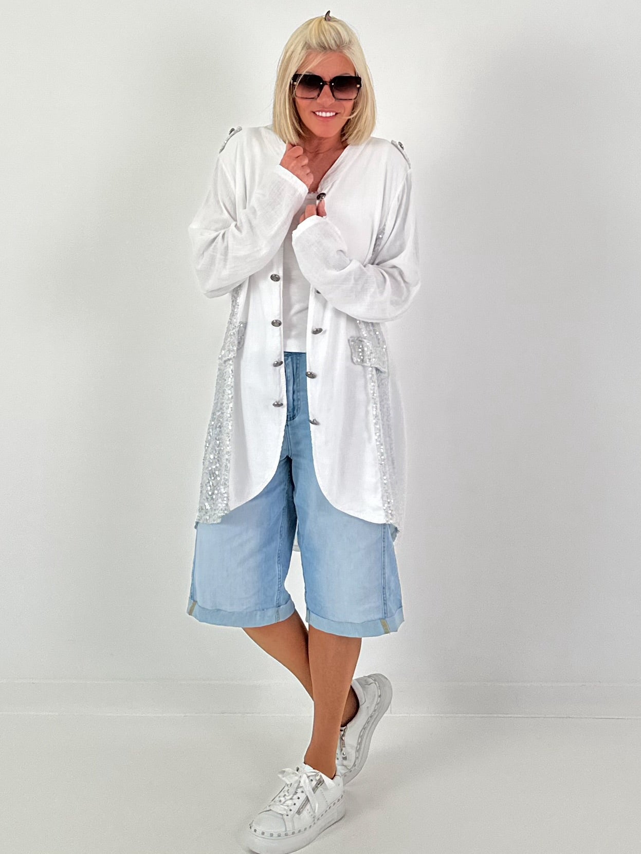 Oversized Leinen-Military Blazer - weiss