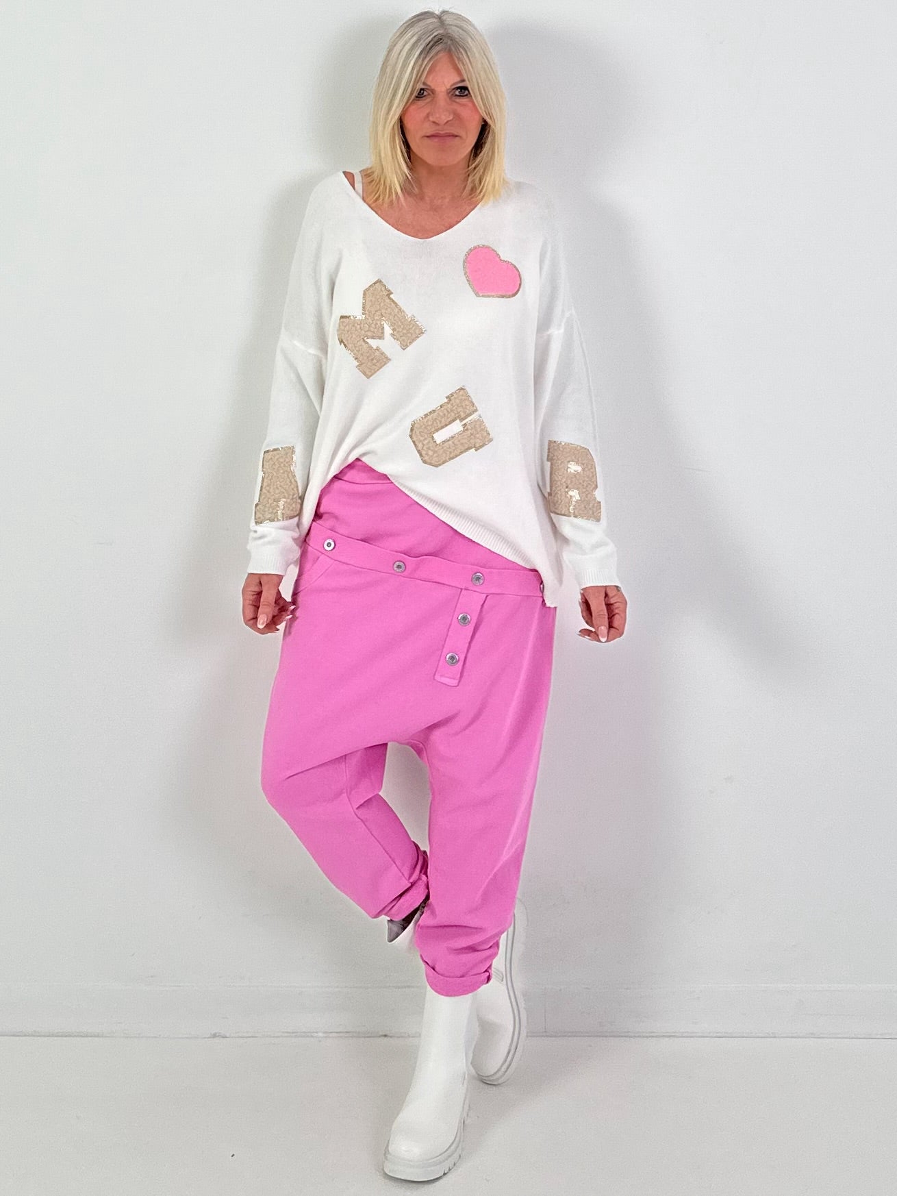 Baggy Hose Modell "Button-Belt" - rosa