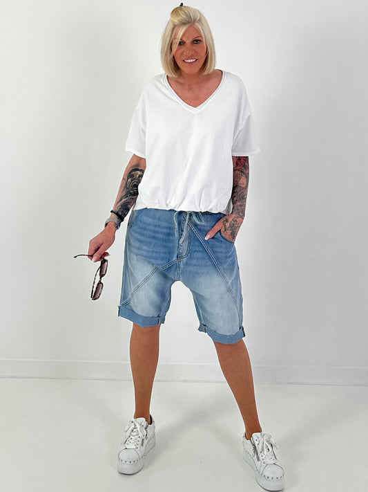 T-Shirt mit gerafftem Saum - weiss