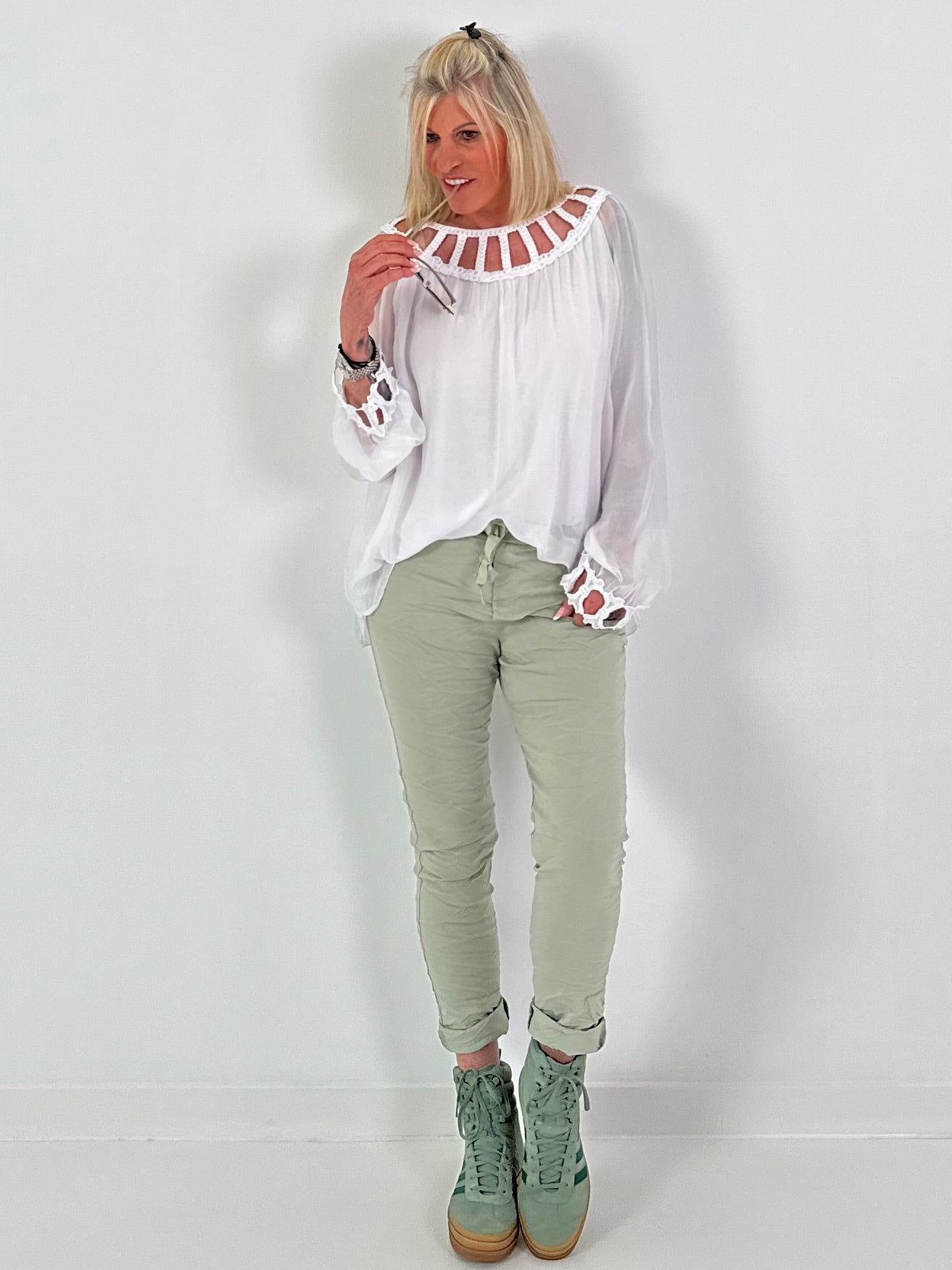 Silk Tunic with Crocheted Neckline - White