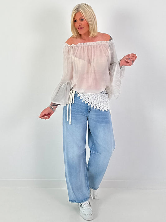 Transparente Tunika mit Volant-Ärmeln - beige