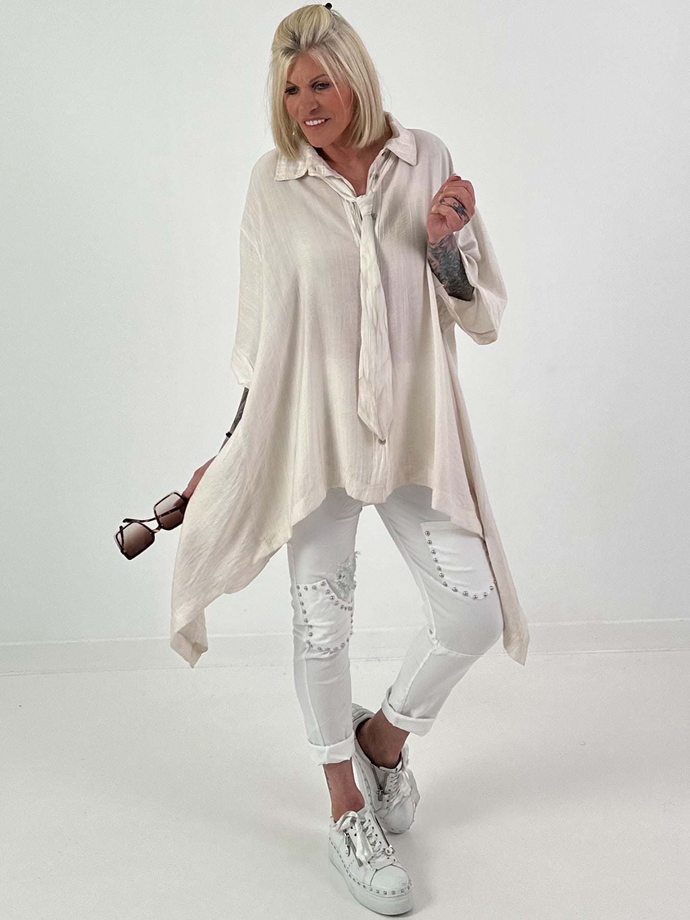 Oversized asymmetrical blouse with tie - beige