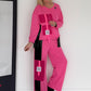 Stylischer Zweiteiler mit Lederoptik- und Kord-Details - pink