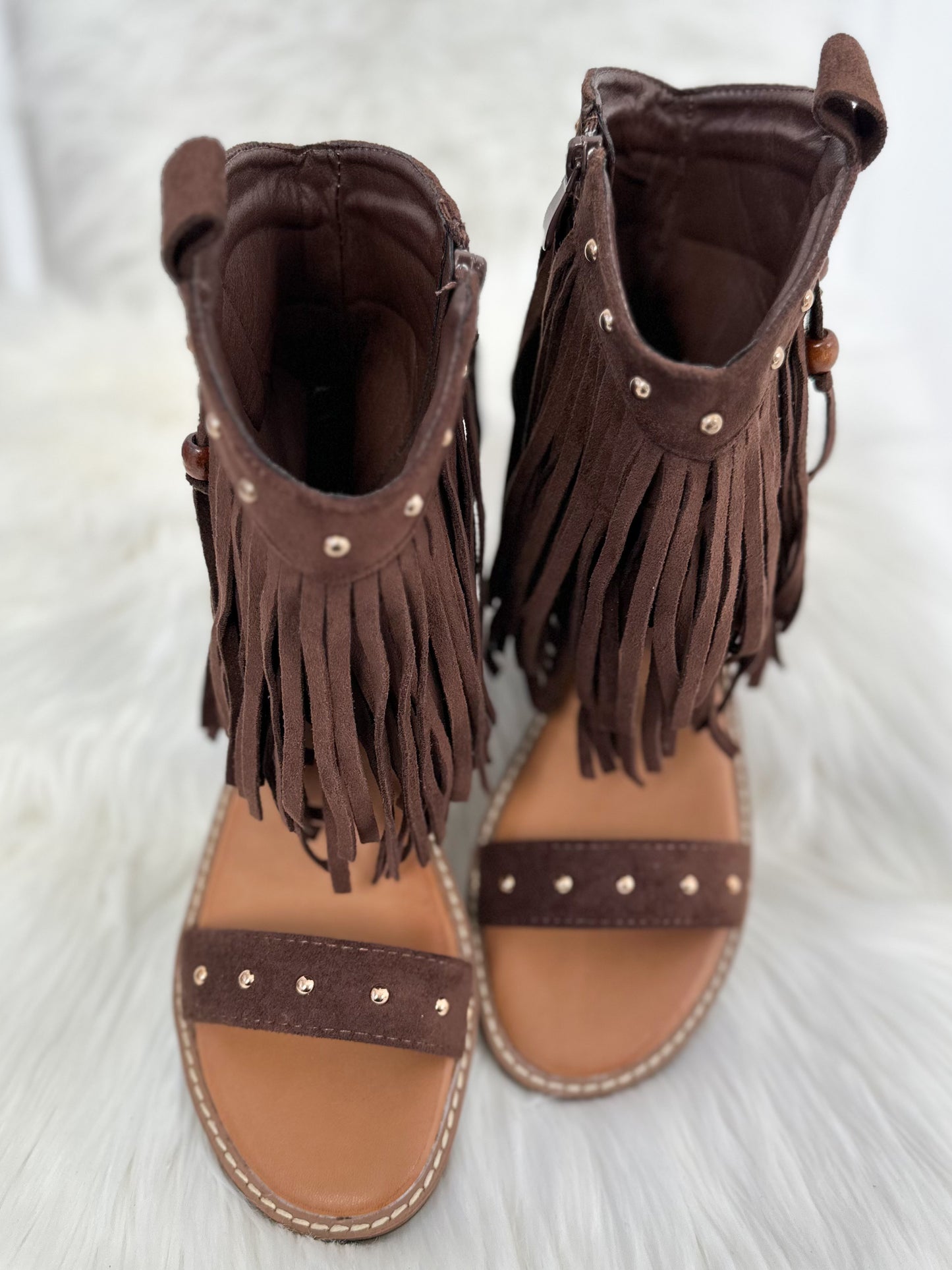 Boho Sandals with Fringes - dark brown
