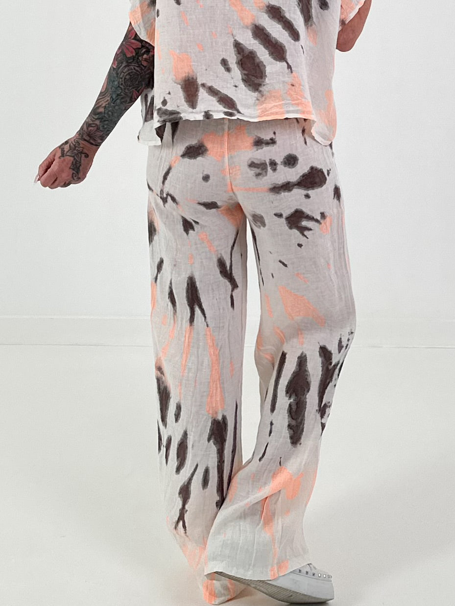 Batik Leinen Hose mit weitem Bein - weiss-neonorange-dunkelbraun