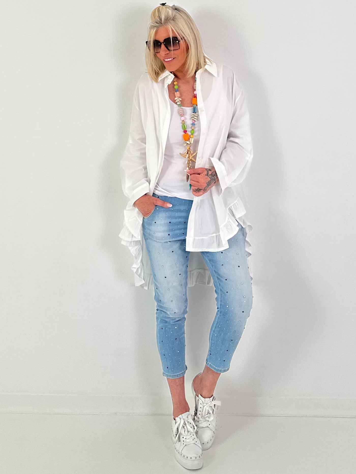 Oversized frilled shirt blouse - white