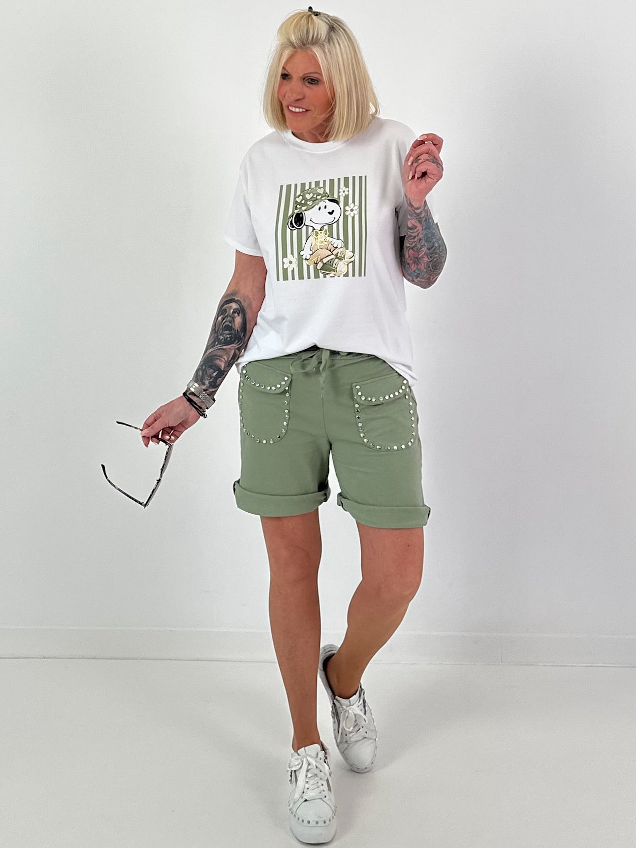 T-shirt met comicprint op de voorkant - wit-khaki