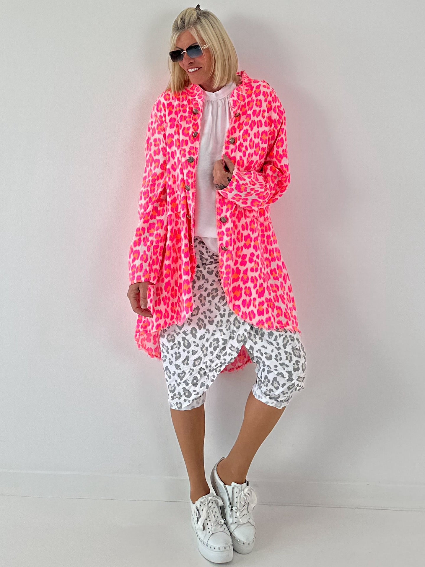 Oversized Leinen-Military Mantel Leo - weiss-neonpink-neonorange