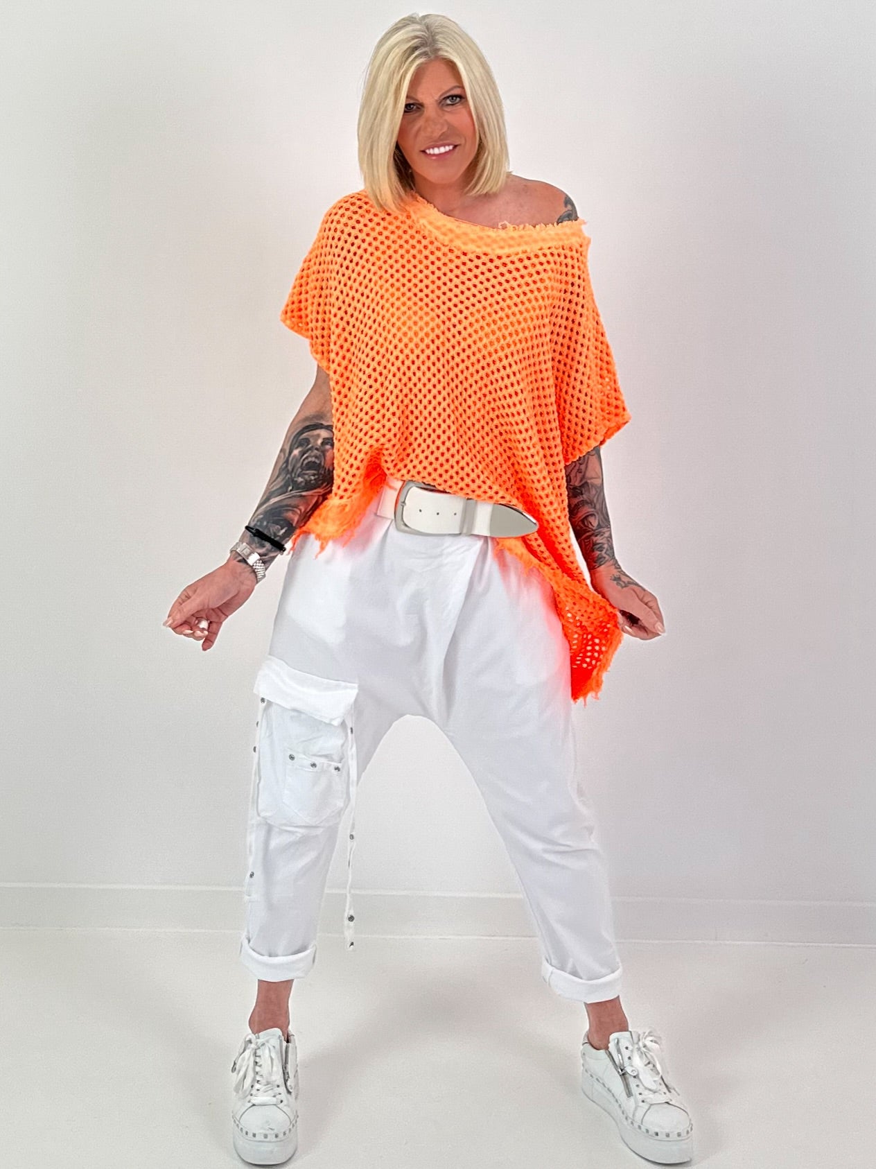 Häkelshirt mit Fransen asymmetrisch - neonorange