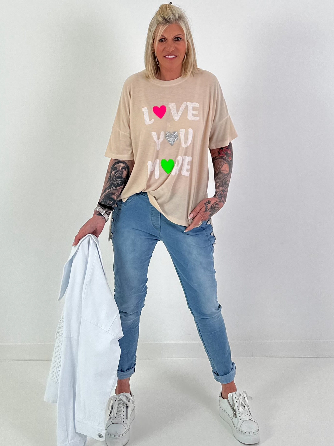 Fine Knit T-Shirt Love - beige